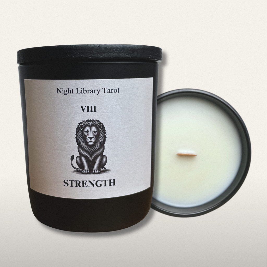 Candle with a label featuring a lion illustration and text on a white background