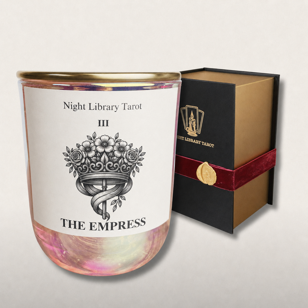 Candle with 'The Empress' design and Night Library Tarot packaging on a light gray background