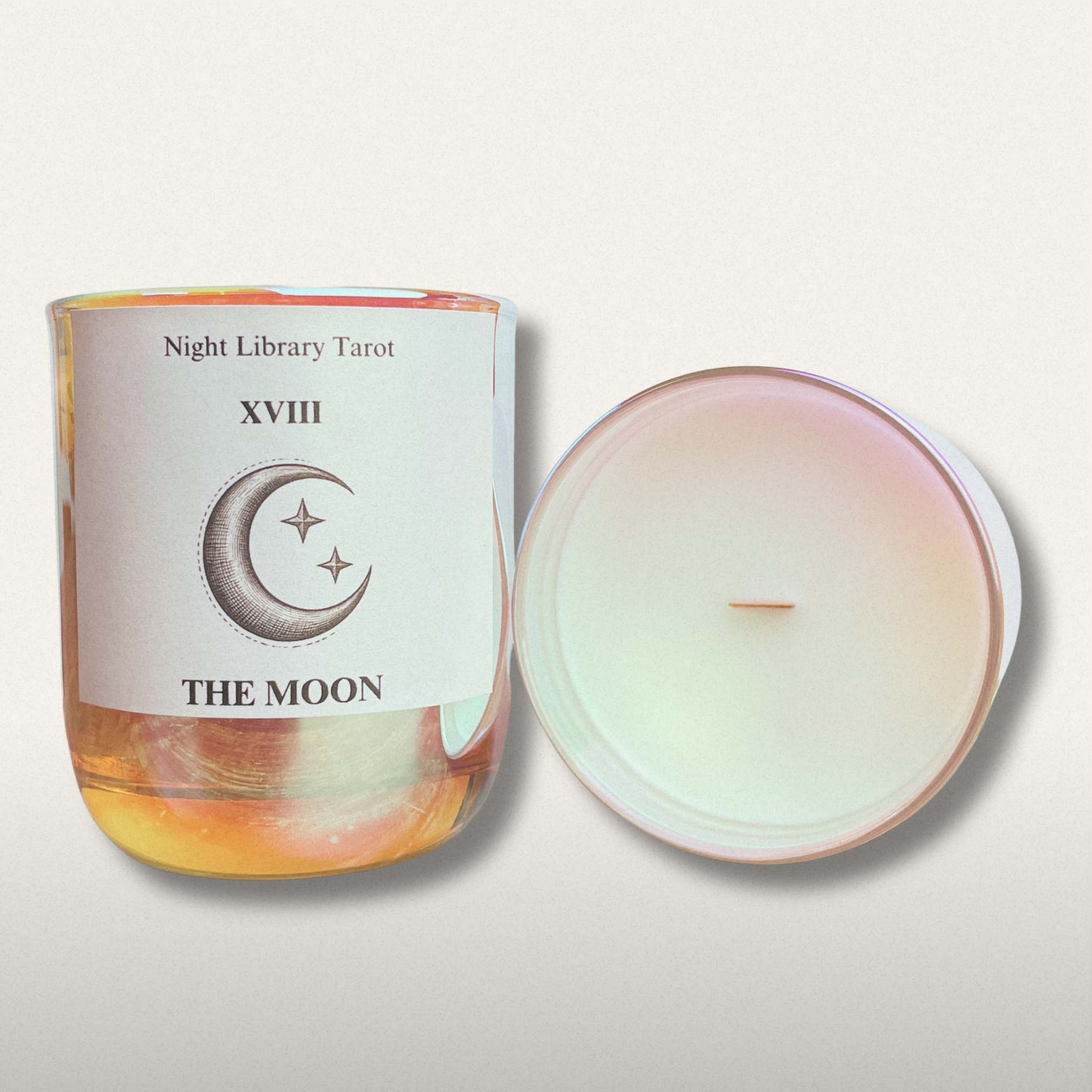 Candle with 'The Moon' label from Night Library Tarot on a light background