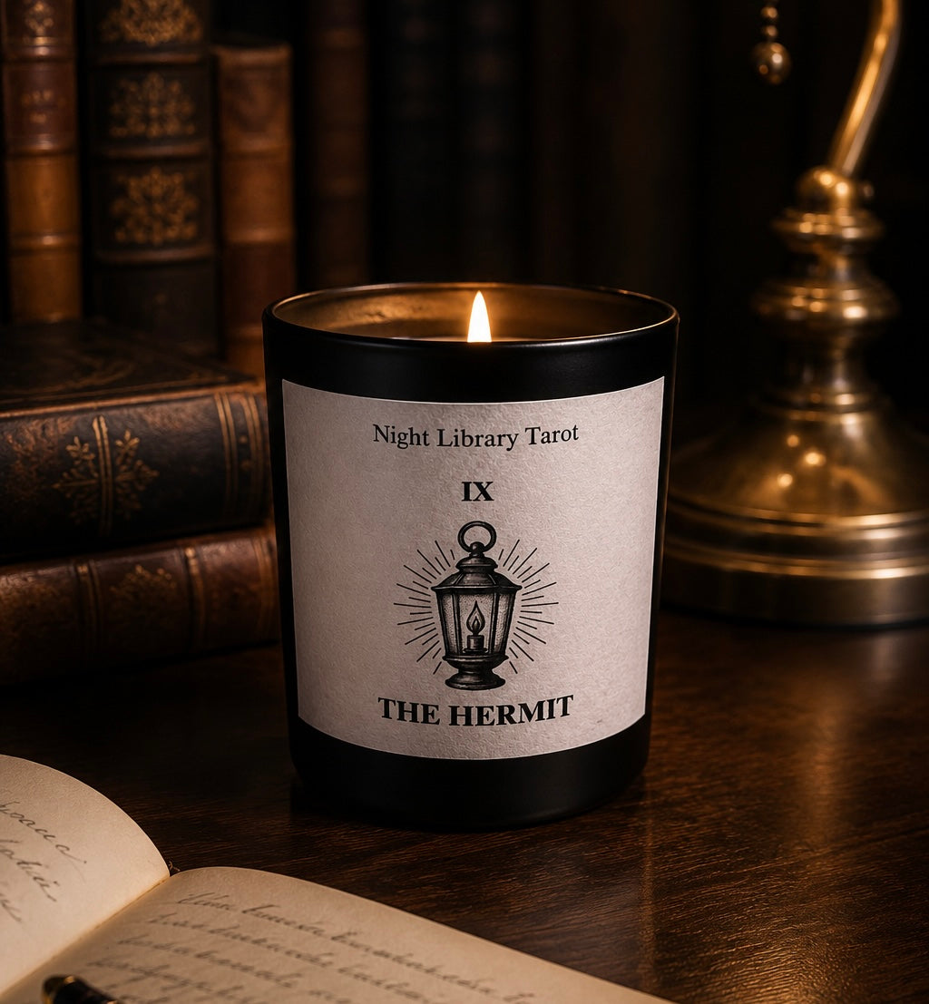 Candle labeled 'The Hermit' from 'Night Library Tarot' on a wooden surface with books and a lamp in the background. The hermit luxury tarot inspired candle. Dark academia.
